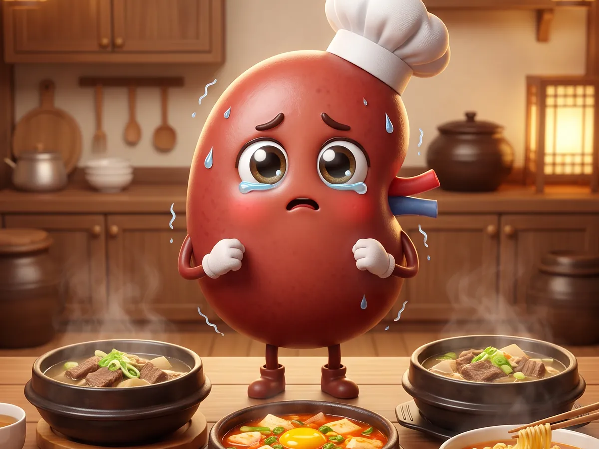국과 찌개, 김치, 라면 앞에서 울상인 콩팥 캐릭터